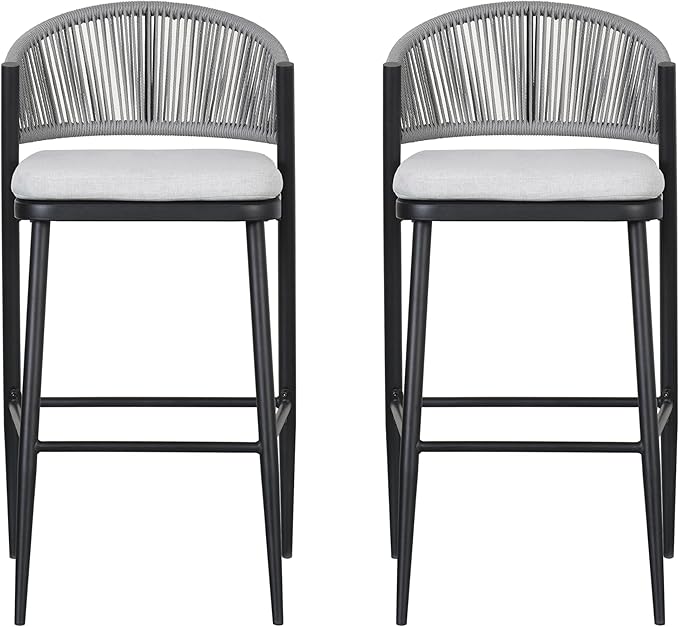 Christopher Knight Home Hearth 30.25" H Patio Barstools Set of 2, Woven Wicker Counter Stool, PE Rattan Scallop-Shaped Backrest Bar Chair, Metal Frame Barstool for Backyard Balcony Garden, Black