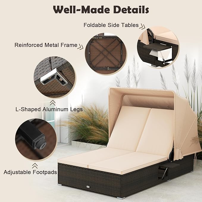 Tangkula Outdoor Rattan Daybed with Canopy & 6-Level Adjustable Backrests, 2-Person Wicker Recliner Bed with Cushions & Folding Side Trays, Double Sunbed Lounger for Balcony, Backyard & Poolside