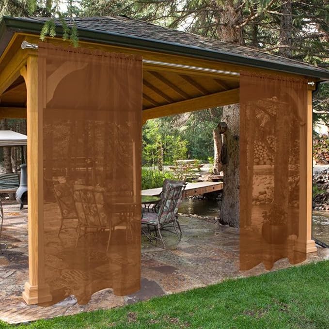 SpaceDresser Waterproof Outdoor Sheer Curtains for Patio - 2 Panels Rod Pocket Indoor Voile Sheer Curtain for Living Room,52W x 108L inch, Brown