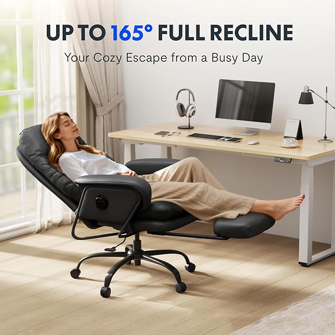 FLEXISPOT Luno 2-in-1 Chaise Lounge Chair Indoor with Wheels Footrest 90-165° Reclining Lumbar Support, Home Office Chairs for Living Room Bedroom Study Relaxing Working, Leather, Black