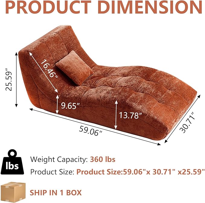 Chaise Lounge Chair with Curved Back, Modern Upholstered Recliner Sofa, Tufted Accent Lounger Comfortable Lazy Chair for Bedroom, Apartment (Orange)