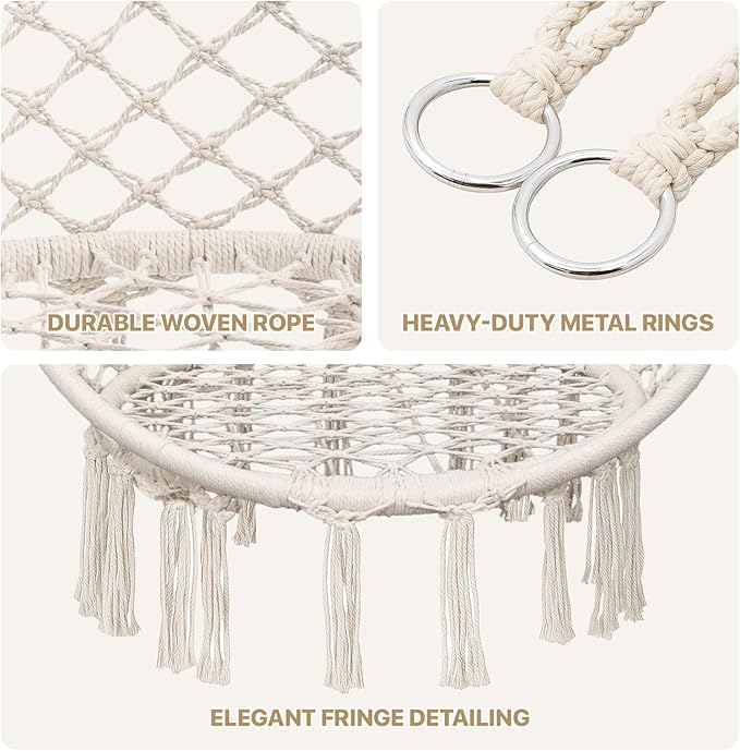 Monibloom Hanging Hammock Chair w/Dark Green Cushion, Porch Macrame Swing Chair Hanging Chairs, Max 350 Lbs Capacity Hanging Swing for Adults & Teens, Comfy Hammock for Relaxing Reading Napping, White