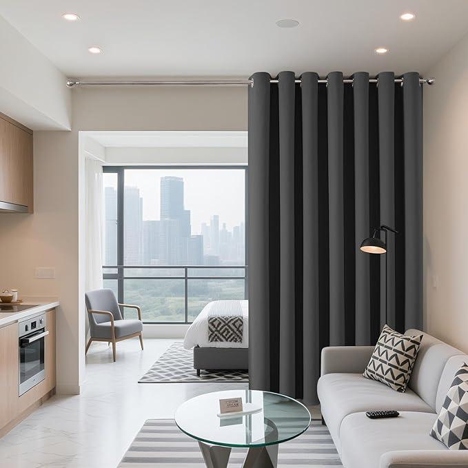 Joydeco Blackout Patio Sliding Door Curtains 108 Inches Long, Grommet Privacy Room Divider Curtains, Extra Wide Thermal Blackout Drapes for Bedroom Living Room (Grey, 100Wx108L, 1 Panel)