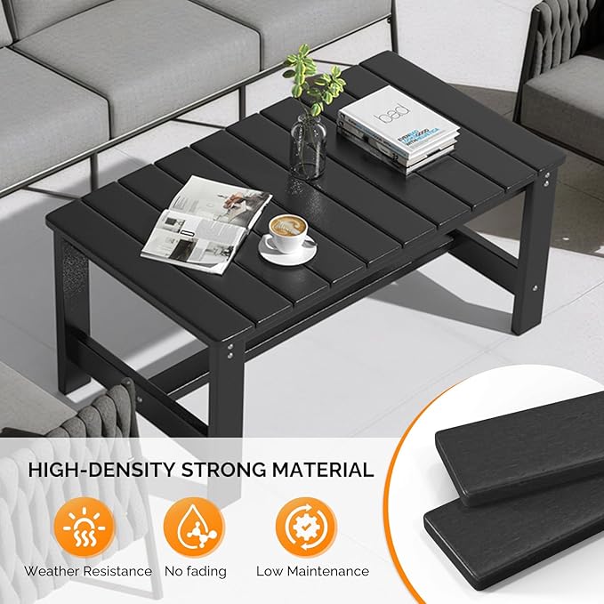 VINGLI Outdoor Coffee Table, HDPE Patio Coffee Table for Outside, All-Weather Rectangle Coffee Table for Deck, Garden, Balcony, Porch, Indoor & Outdoor Use, Black