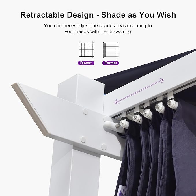 PURPLE LEAF 10' x 13' Patio Retractable Pergola Outdoor White Heavy-Duty Aluminum Pergola Metal with Double Sun Shade Canopy for Backyard Gardens Deck, Navy Blue