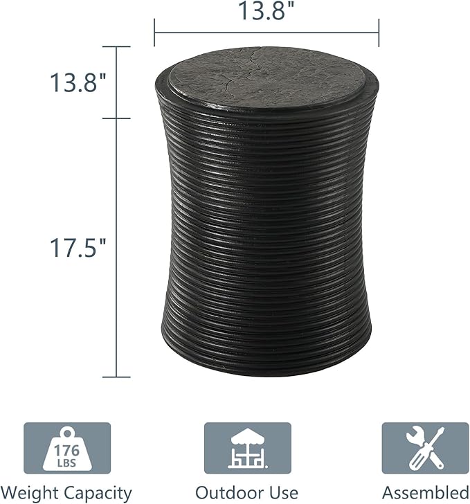 COSIEST Outdoor Side Table Black, Round MgO Concrete Side Table, Lightweight Outdoor Accent Table with Faux Natural Slate Rock, Cylinder Patio Table Top Plant Stand for Garden and Deck