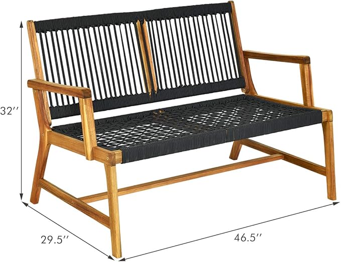 Tangkula 2-Person Patio Acacia Wood Bench Loveseat Chair, Outdoor Patio Bench Acacia Wood Bench in Teak Oil Finish, Patio Loveseat Rope Bench for Balcony Deck Poolside Porch (Black)