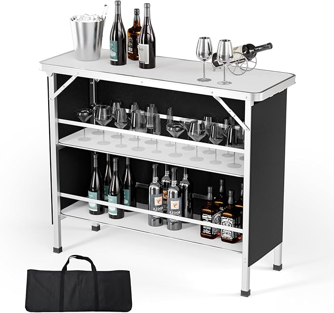 VINGLI 43" Portable Bar Table with Pole, 3-Tier Shelves, Mobile Bar Table for Events, Party, Camping, Picnic, Tradeshow, Indoor with Black Skirt