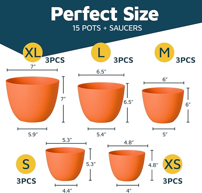 Yellow Plant Pots with Drainage Holes & Saucers 15 Pack, Indoor & Outdoor Stackable Space-Saving Planters for Houseplants & Flowers, (7", 6.7", 6", 5.3", and 4.8" Inches), Durable & Weatherproof