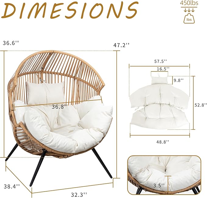 Shintenchi Wicker Egg Chair Outdoor Rattan Patio Chair with Cushion,Oversized Patio Lounge Chairs with Cushion Egg Basket Chair, Egg Seat for Indoor Living Room Bedroom Outside Patio Backyard Balcony