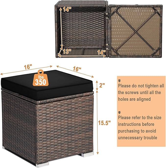 RELAX4LIFE Wicker Outdoor Storage Ottoman, 2-Piece Rattan Footstool w/Removable Cushion, Multipurpose Footrest Stool Side Table Additional Seating, Set of 2 Outdoor Ottomans for Patio Deck (Black)
