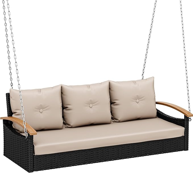 YITAHOME Porch Swing with Cushion 3-Seats Front Hanging Wicker Swing Rattan Patio Swing Lounge Chair Hammock for Garden, Balcony, Deck