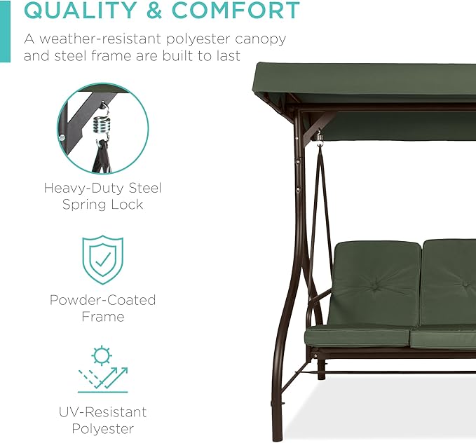 Best Choice Products 3-Seat Outdoor Large Converting Canopy Swing Glider, Patio Hammock Lounge Chair for Porch, Backyard w/Flatbed, Adjustable Shade, Removable Cushions - Midnight Green