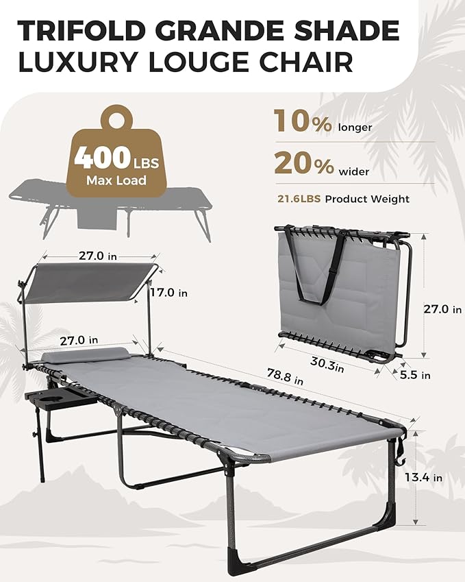 KingCamp Oversized Tanning Chair, Extra-Wide Padded Folding Chase Lounge Chairs Adjustable 5-Position 400lbs Heavy Duty Lounger with Double-Layer Oxford Canopy Shade for Outdoor Beach Patio Sun Pool