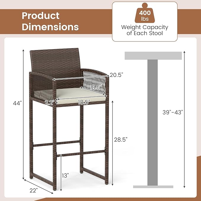 Tangkula Patio Bar Stools Set of 2, PE Rattan Bar Height Chairs with Backrests, Armrests, Footrests & Soft Cushions, Outdoor High Top Barstools with Metal Frames for Backyard (2 Pack)