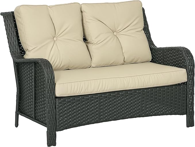 Outsunny 2-Seater Outdoor Sofa with 4" Thick Padded Cushions, PE Rattan Patio Outdoor Couch with Curved Armrests for Sunroom, Garden, Poolside, Beige