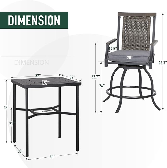 PHI VILLA 5 Piece Outdoor Bar Furniture Set, Counter Height Patio Bar Bistro Table (Square) & Rattan Wicker Bar Stools Chairs with All Weather Cushions for Backyard, Deck and Porch
