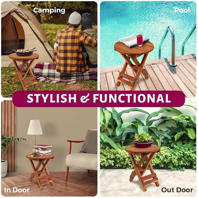 Small Patio Table, Outdoor Folding Side Table, Portable Side Table, Small Side Table, Accent Table, Small Coffee End Table, Wood Table Top for Living Room, Bedroom... (Round - Acacia - Set 2)