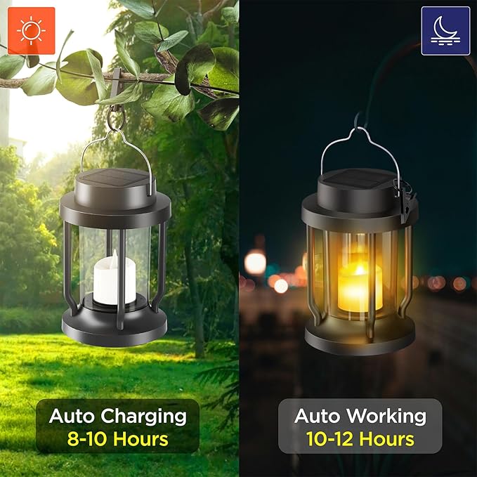 Solar Lantern Outdoor & Indoor Use – Hanging Solar Lights with Realistic Flickering Flameless Candle, Weatherproof for Gardens, Patios, Trees, and Lawns (Black, 8 Pack)
