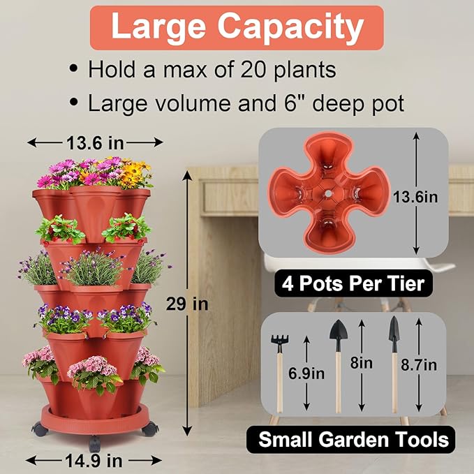 DUNCHATY Stackable Planter with Removable Wheels and Garden Tools, Garden Planting Tower Planters, Indoor Outdoor Gardening Pots - 5 Tier Vertical Planter