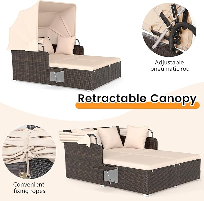 RELAX4LIFE Patio Outdoor Daybed with Canopy, Wicker Rattan Sunbed w/Cushions, 4 Pillows & 2 Retractable Side Trays, 2-Person Lounge Bed Conversation for Poolside Porch Garden (Mix Brown-Beige)
