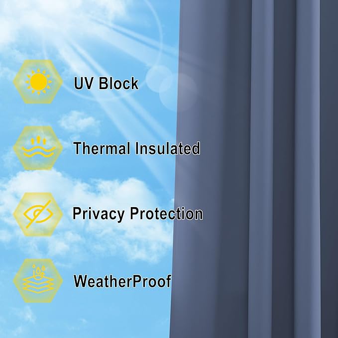NICETOWN Stone Blue Outdoor Curtain for Patio Waterproof, Rustproof Grommet Blackout Thermal Insulated Light & Heat Blocking Window Drapes for Pergola/Gazebo, 1 Panel, W52 x L84