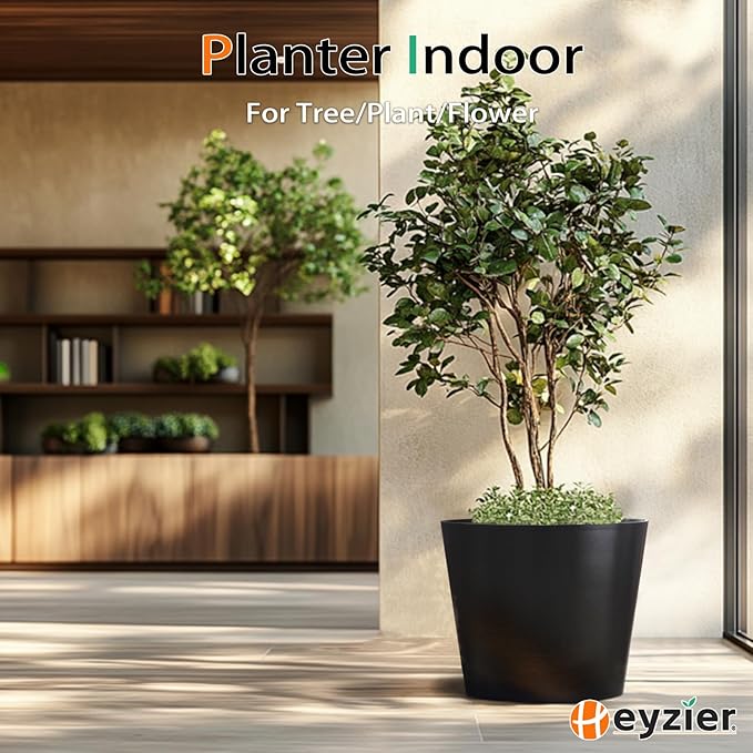 Wide Planters for Outdoor Plants, Extra Large Indoor Flower Pots for Garden, Front Porch, Patio - Round Resin Planter Set of 2 (Black, 16 inch - 2 Pack)