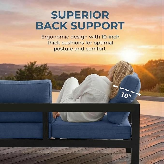 Wisteria Lane Aluminum Outdoor Patio Furniture Set, Modern Patio Conversation Sets, Outdoor Sectional Metal Sofa with 5 Inch Cushion and Coffee Table for Balcony, Garden, Black Frame & Blue Cushion