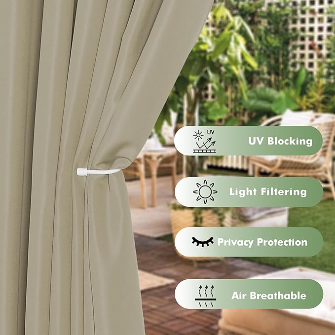 HolidayIdeas Outdoor Curtains for Patio Waterproof, 6 Panels - 54x95 Inches - Weatherproof Privacy Outsides Curtains for Cabana Porch Pergola, Sunlight & UV Blocking (Taupe, Grommet Top)
