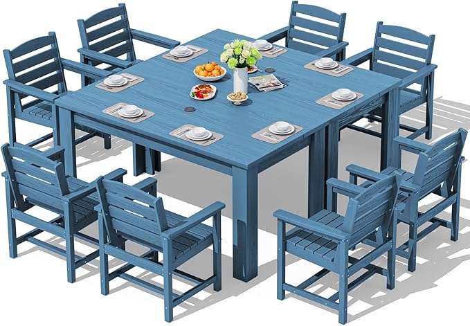 SERWALL Patio Dining Sets for 8, Outdoor Dining Sets for 8 Person with 2 Umbrella Hole Cut-Out Rectangular Tables and 8 Chairs, HDPE Dining Sets for Garden, Backyard, Poolside, Blue