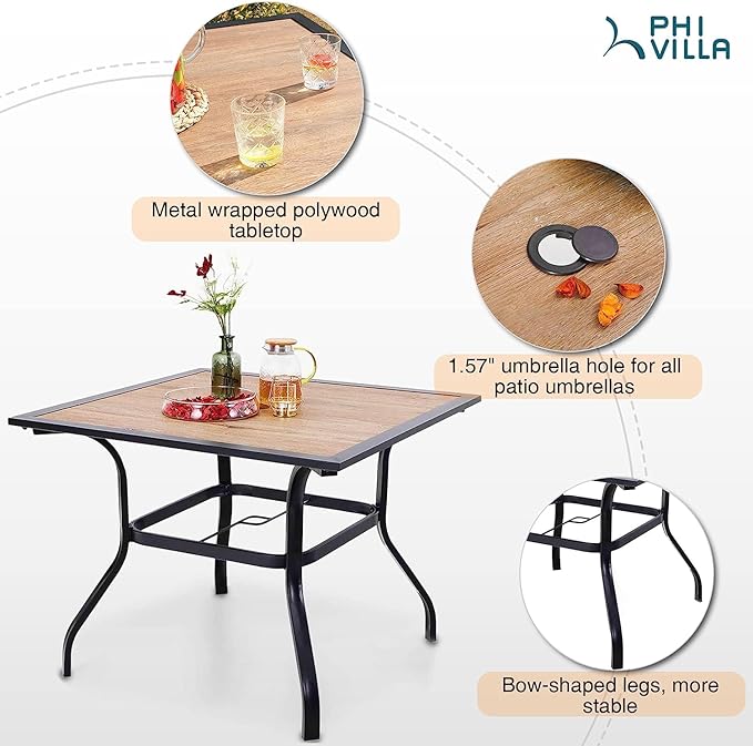 PHI VILLA 5 Pieces Outdoor Dining Set for 4, 37" Square Metal Table with Polywood Top & Stackable Wrought Iron Chairs, Outside Furniture Set for Patio, Deck, Backyard, Porch