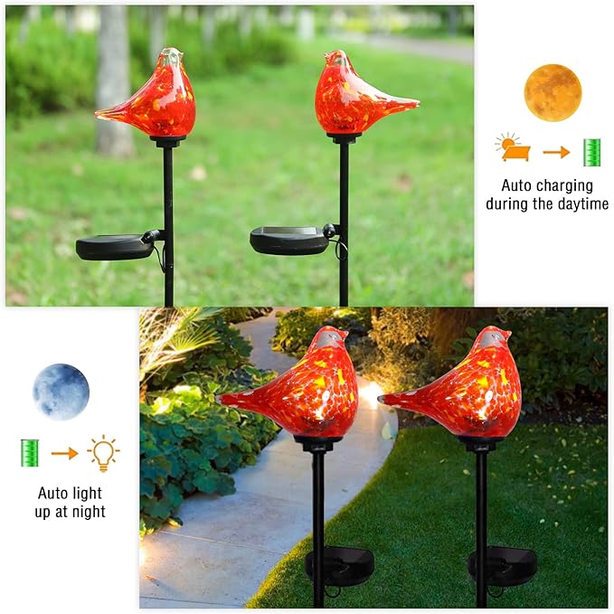Bshine Solar Garden Decoration Outdoor Red Bird Lights, 2PCS Hand Blown Glass Waterproof Solar Light Stake Decorate Paths, Pathways, Lawns and Yards Art for Mom