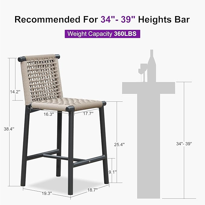 PURPLE LEAF Outdoor Counter Height Stools Set of 4 Aluminum Wicker Bar Stool with Back for Backyard Pool Lawn Kitchen Patio Metal Barstool Chairs Dark Grey