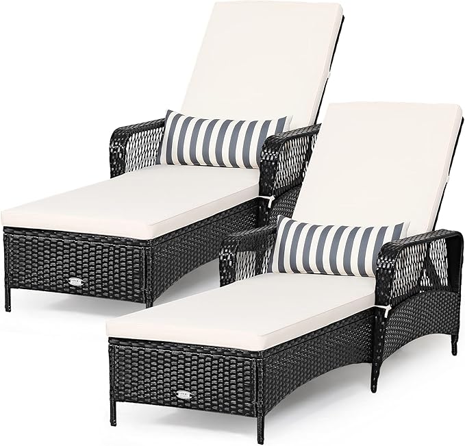 Tangkula Wicker Chaise Lounge Outdoor Set of 2, Patio Rattan Reclining Chaise with 6-Gear Adjustable Backrest, Thick Padded Cushion & Removable Lumbar Pillow, Pool Lounge Chairs for Outside Balcony