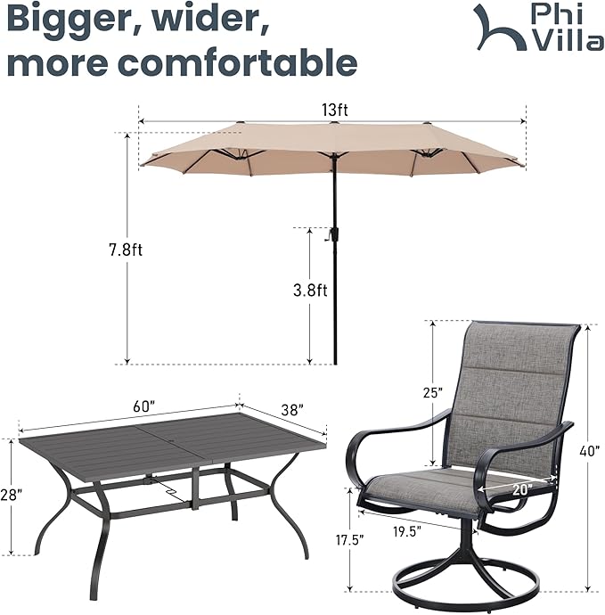 PHI VILLA Swivel Chair Patio Dining Set with 13ft Outdoor Beige Umbrella, 6 Padded Textilene Armrest Dining Chair and 1 Large Metal Table, Outdoor Table Chair Dining Set for Patio Lawn Garden