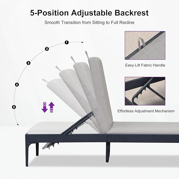 PURPLE LEAF Outdoor Chaise Lounge Set of 3 Aluminum Adjustable Patio Lounger Chairs with Cushions Reclining Beach Daybed for Poolside Balcony Deck Backyard, Dark Grey