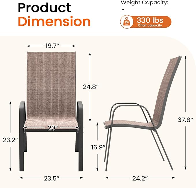 JEAREY Patio Dining Chairs Set of 6, Outdoor Stackable Dining Furniture Set, All Weather Dining Set for Lawn, Garden, Backyard, Poolside, Brown