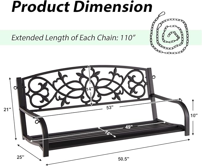 Giantex Patio Metal Porch Swing, 2-Person Hanging Porch Swing Bench with Sturdy Chains & Retro Pattern Backrest, 485 Lbs Weight Capacity Loveseat for Garden, Yard, Front, Outdoor Swing Chairs (Brown)