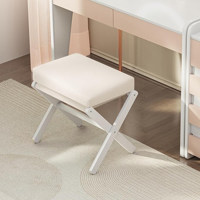 Foldable Foot Stool Ottoman, Modern Foot Rest with Bamboo X Legs & Thick Foam Cushion, Folding Foot Stools Small Padded for Bedroom Living Room, Footstool for Chair Couch (White - White)