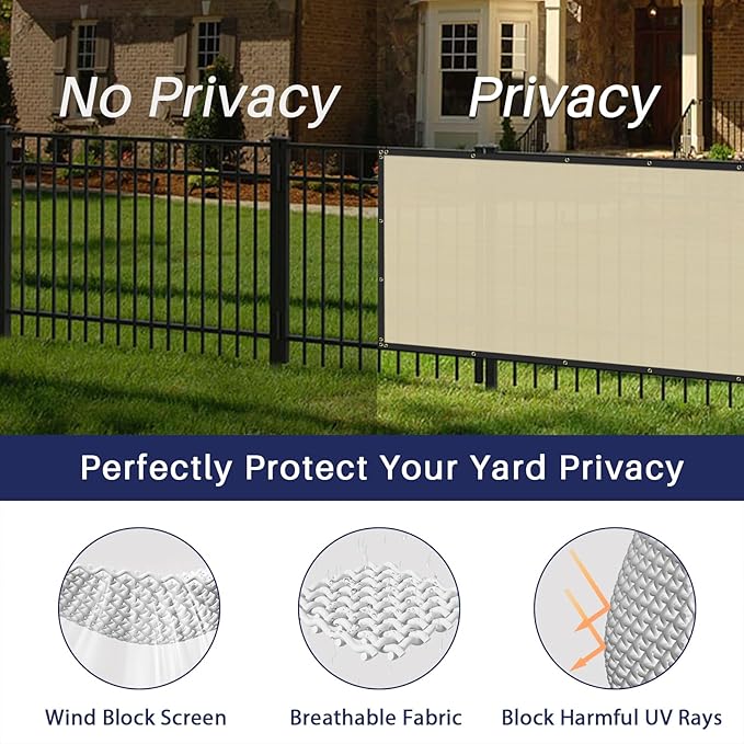 Windscreen4less Privacy Fence Screen Heavy Duty Windscreen Fencing Mesh Fabric Shade Net Cover with Brass Grommtes for Outdoor Wall Garden Yard Pool Deck, 6'x197' Beige