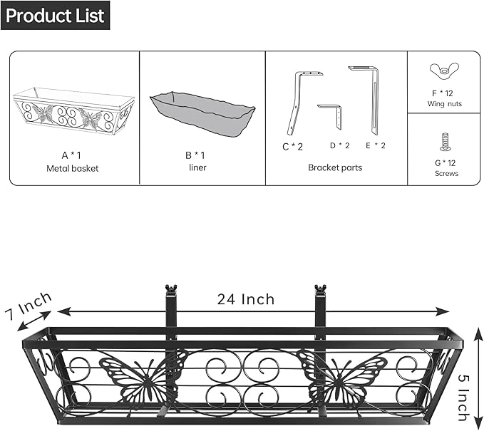 4 Pack 24 Inch Window Boxes Planters Railing Planter Box with Adjustable Brackets for Porch Fence Patio Balcony Hanging Flower Baskets with Woven Fabric for Outdoor Garden Decor - Black