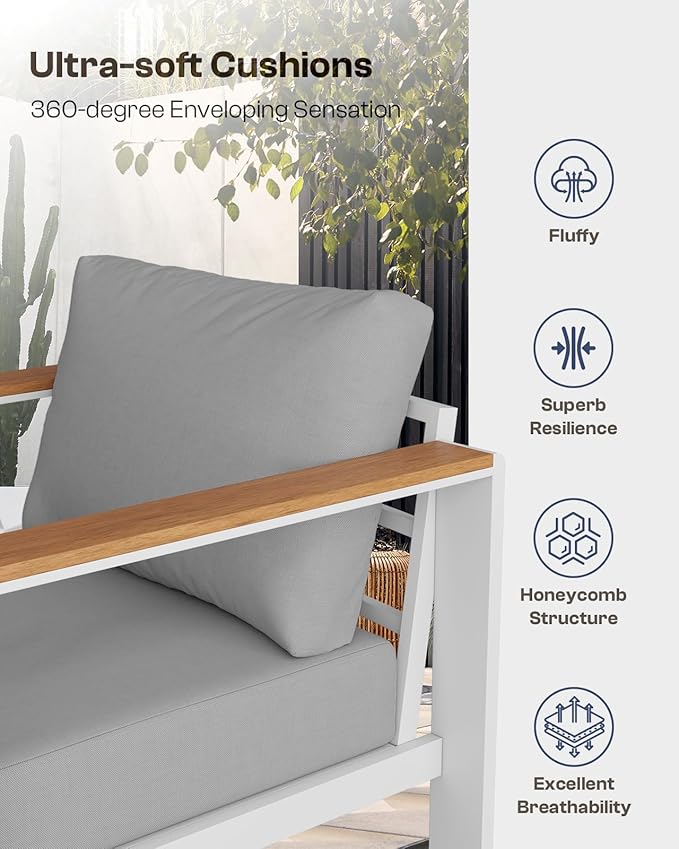 Aluminum Outdoor Patio Furniture, 3 Seats All-Weather Outdoor Patio Sofa with Washable Thick Cushion, Patio Sofa Couch for Porch, Balcony, Deck, Yard, White