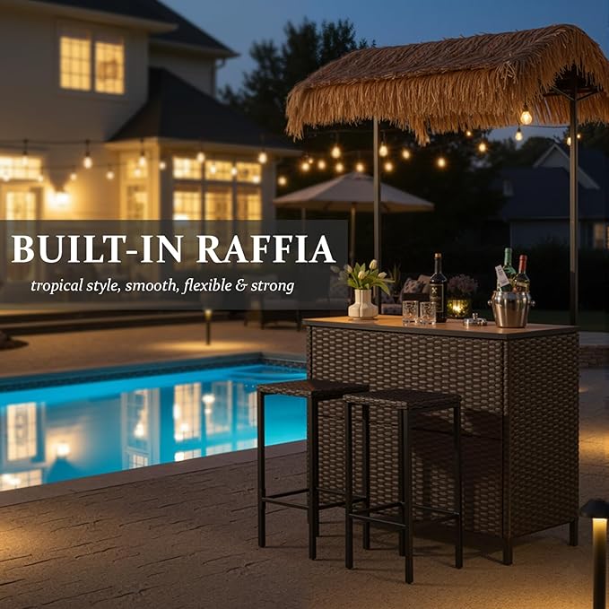 Outdoor Tiki Bar Set - 3 Pieces Wicker Patio Bar Height Set with Palapa Top and 2 Stools, All-Weather Patio Bar Set with Storage Shelves & Wine Glass Rack for Garden Patio Backyard Brown
