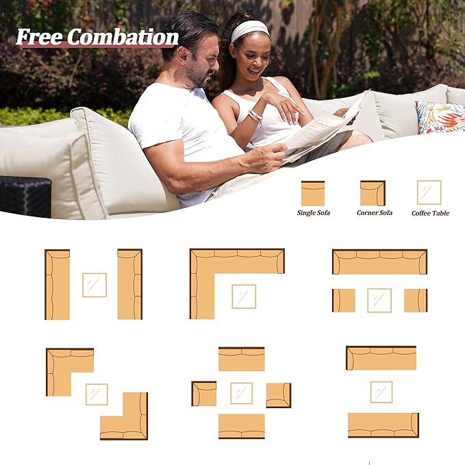 7 Piece Outdoor Patio Furniture Sets, Beige Patio Sectional Furniture All-Weather PE Rattan Sectional Sofa, Outdoor Wicker Conversatin Set w Glass Coffee Table for Backyard, Garden, Porch