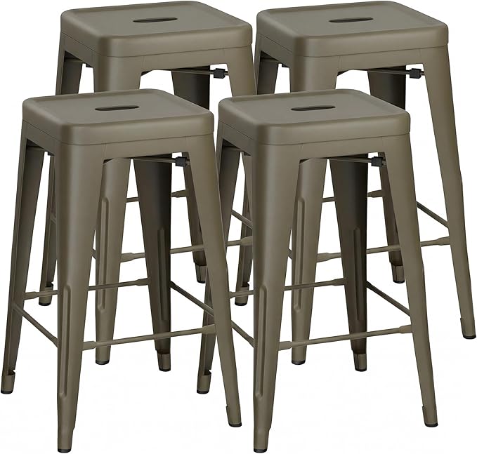 Shahoo 24 Inches Metal Bar Stools Counter Height Stackable Backless Stools, Industrial Patio Stools Indoor Outdoor Metal Kitchen Stools Set of 4 (Gun, 24'')