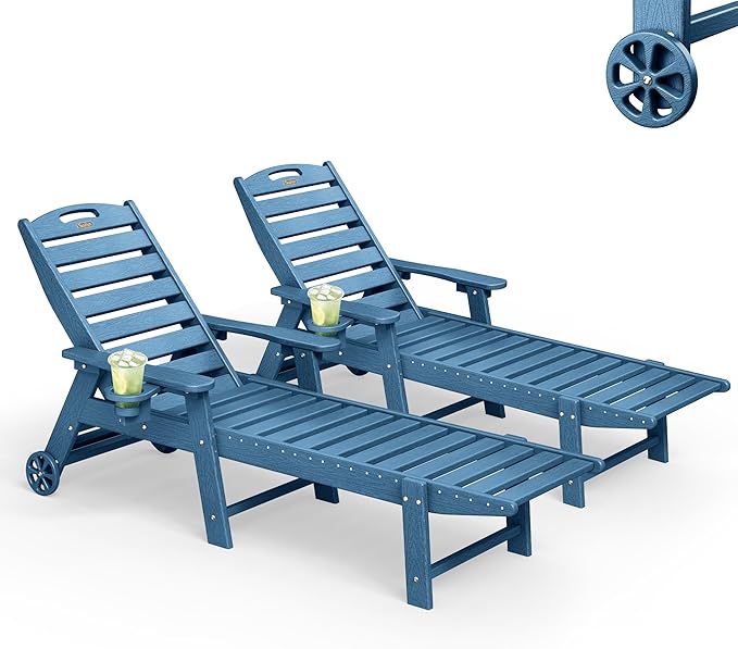 Lounge Chair Outdoor Set of 2, HDPE Chaise Lounge Outdoor, Pool Lounge Chair for Pool Poolside Deck Backyard Patio, Navy Blue