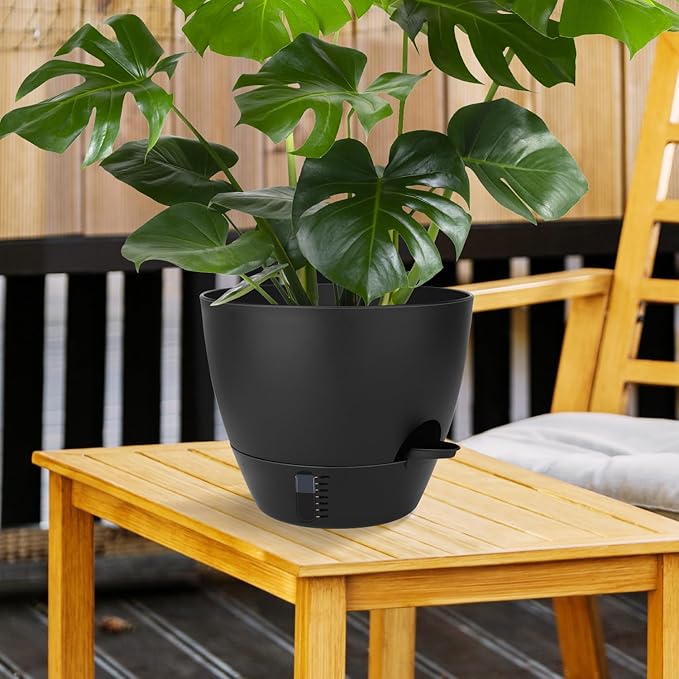 Self-Watering Plant Pots with Water Level Indicator, Drainage Holes & Saucers – 12/10/9 Inch Large Plastic Planter Set for Indoor & Outdoor Plants (Pure Black)