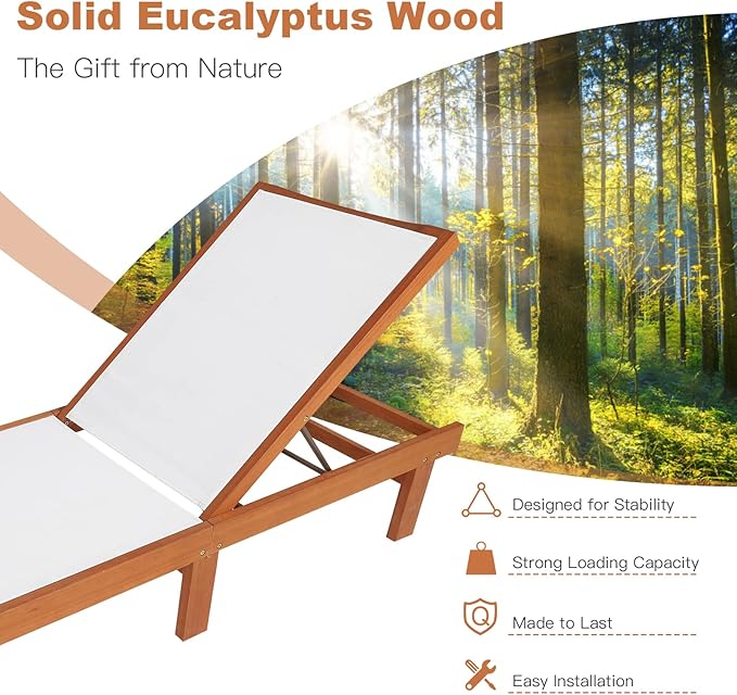 COSTWAY Set of 2 Patio Wood Chaise Lounge Chair, Strong Eucalyptus Wood Frame, 5-Position Adjustable Outdoor Recliner with White Mesh