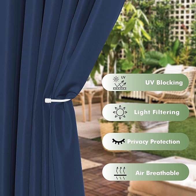 HolidayIdeas Outdoor Curtains for Patio Waterproof, 6 Panels - 54x84 Inches - Weatherproof Privacy Outsides Curtains for Cabana Porch Pergola, Sunlight & UV Blocking (Navy, Grommet Top)