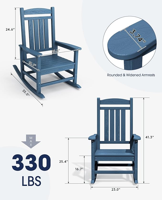 KINGYES HDPE Patio Rocking Chair Set of 4, Outdoor Rocking Chairs Porch Rocker for Adults, Navy